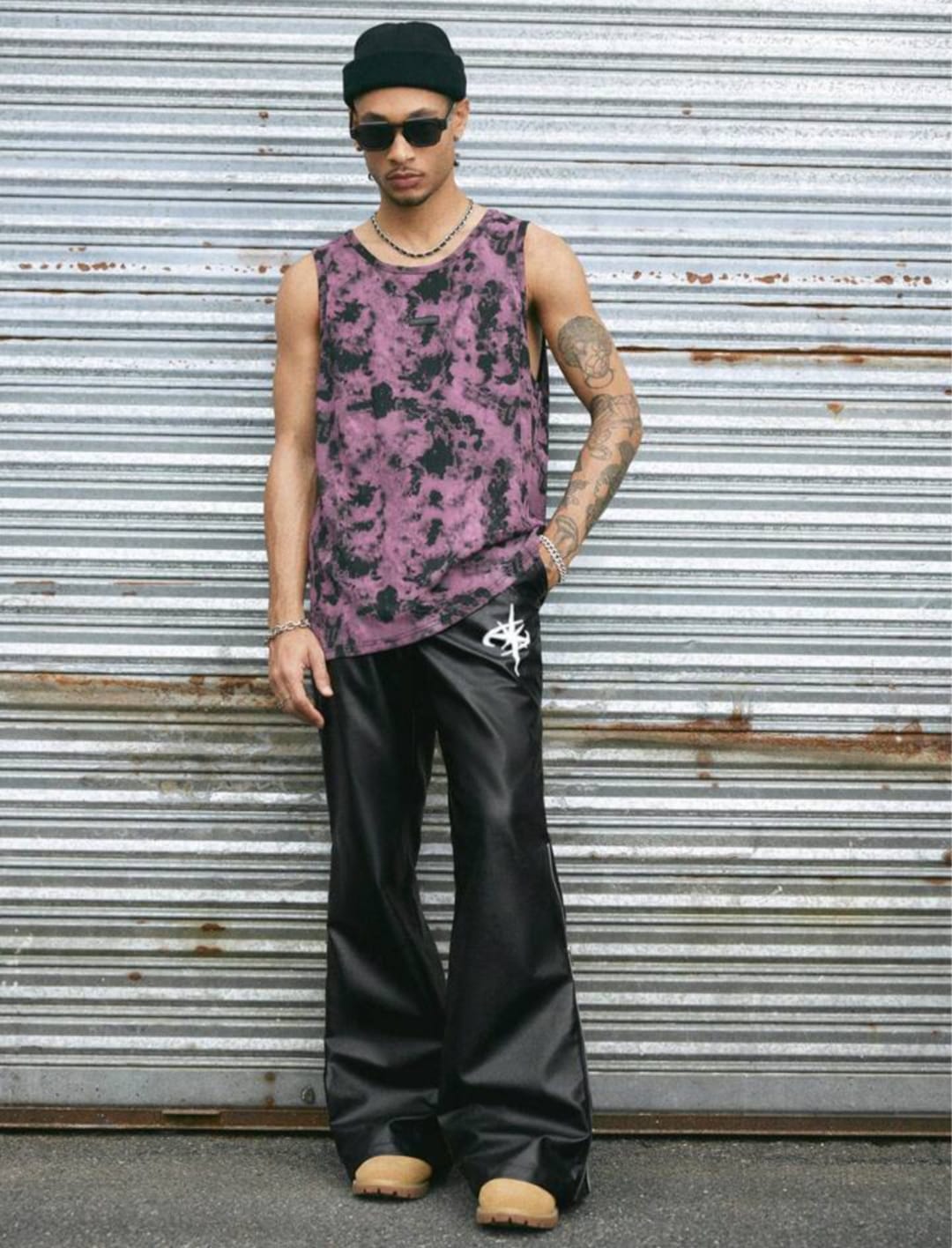 Men's Black Faux Leather Flared Pants with Side Zipper – Streetwear Statement Trousers